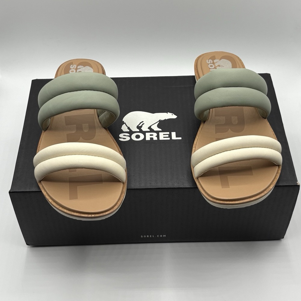 SOREL Sandals Slides Womens Size 8 Safari Chalk Ella II Puff Strappy Flats